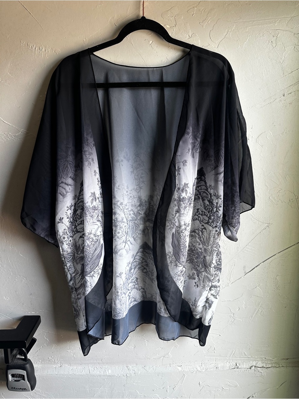 Black Sheer‎ Scenic Print Kimono Cardigan Goth Boho Layering Duster Sz 3XL